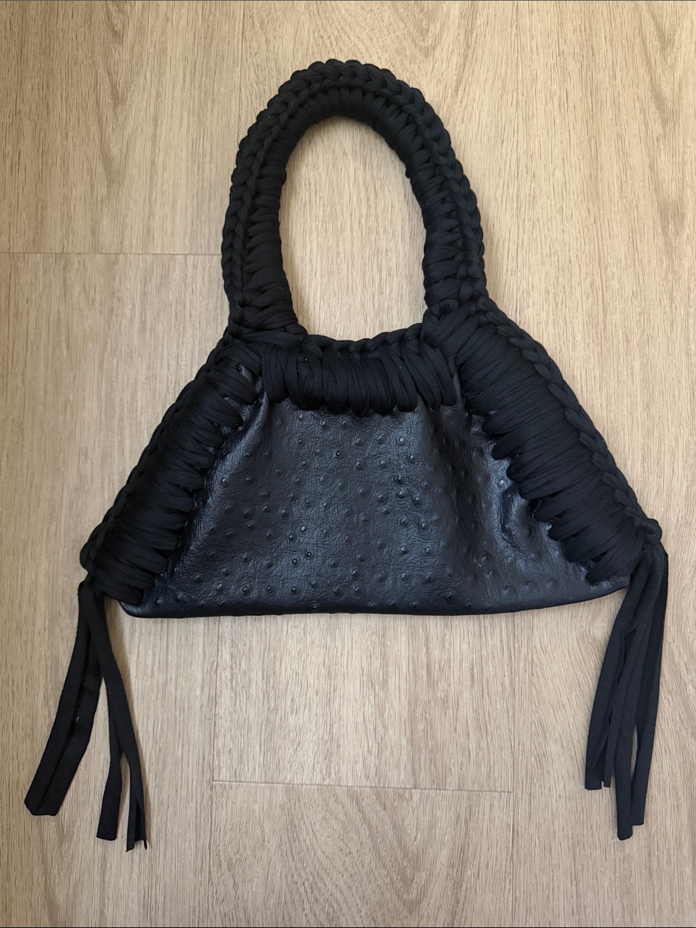 Inedito French Handmade Black Mini Faux Ostrich Textured Bag with Fringe - Picture 2 of 6